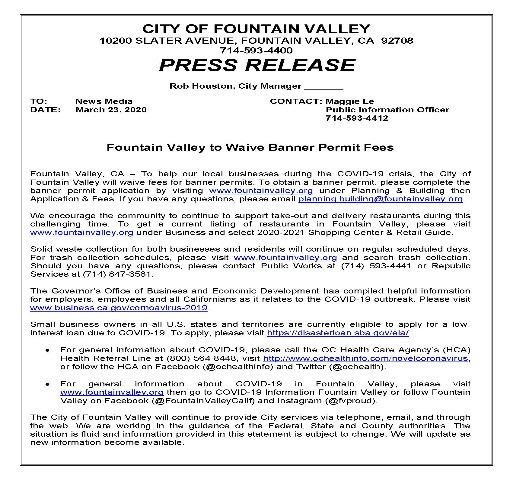 FV Waive Banner Permit Fees 3-23-2020