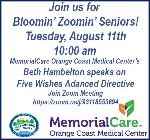 Five Wishes  MemorialCare logo with info on Zoom meeting