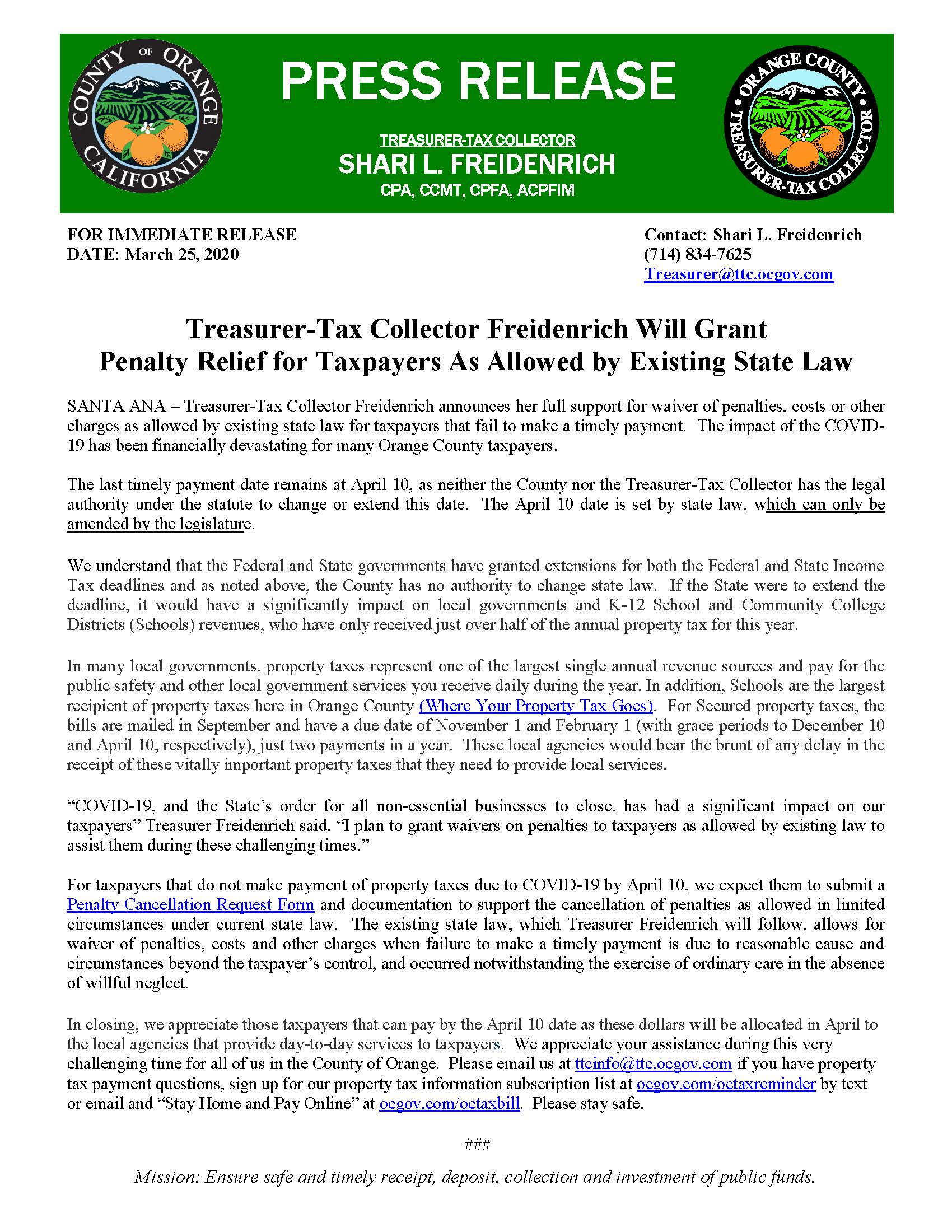 Penalty Waiver Will be Granted As Allowed By State Law