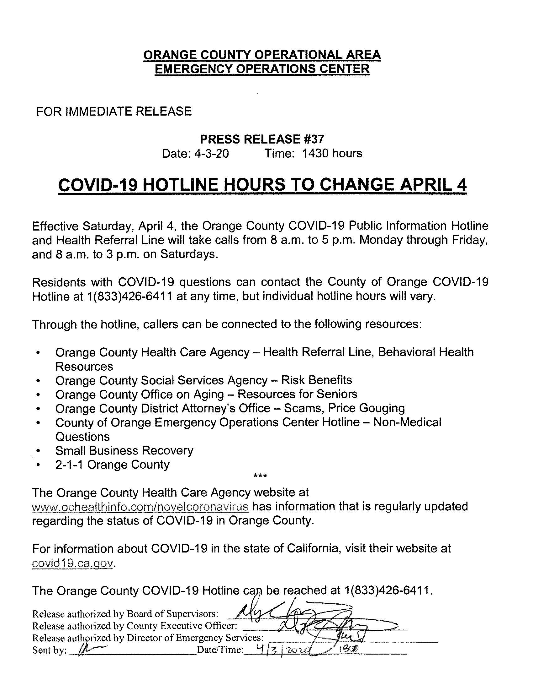 EOC Press Release 37 - COVID-19 Hotline hours to change April 4