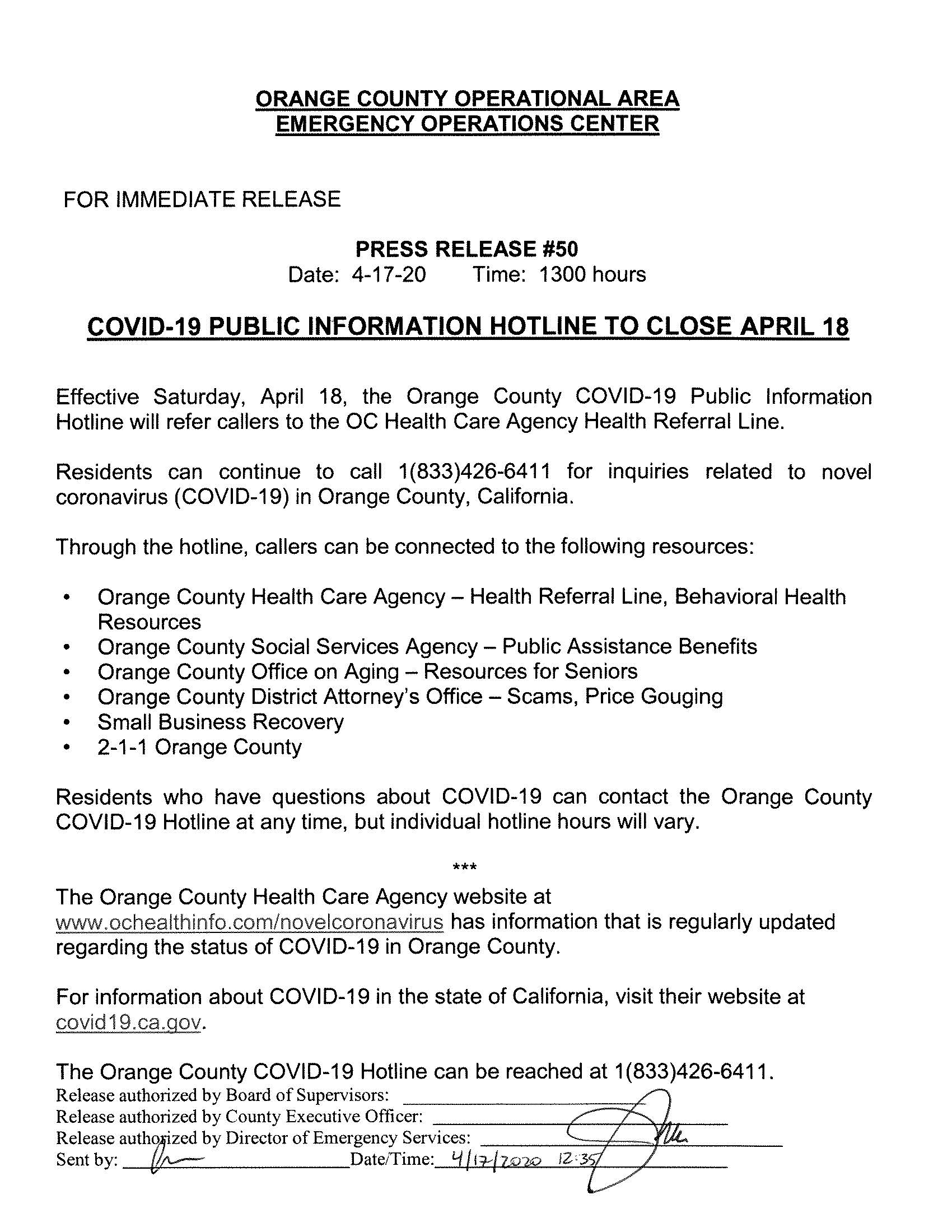 EOC Press Release 50 - Public Info Hotline Closing