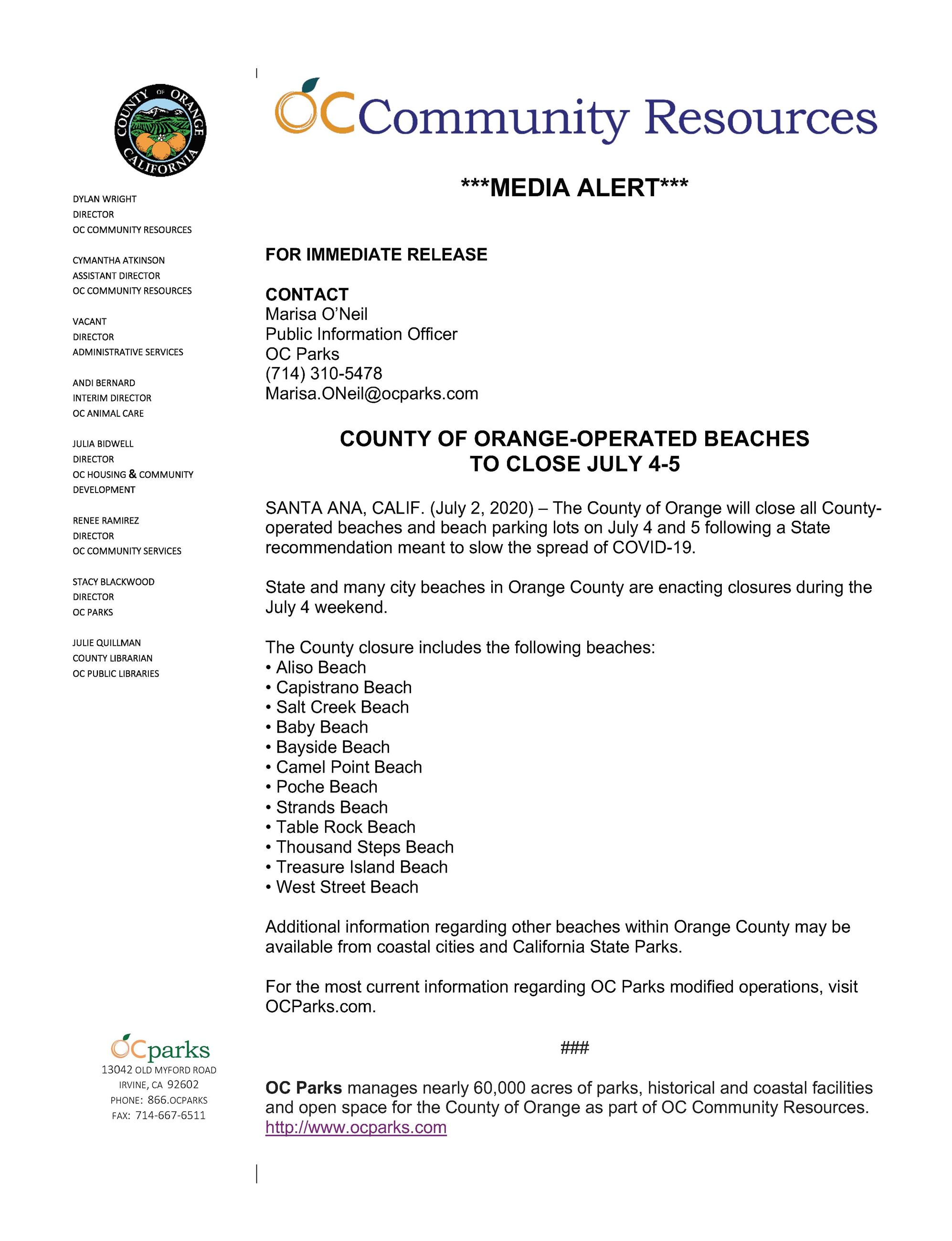 Press Release - OCP Beach Closures 7-2-2020