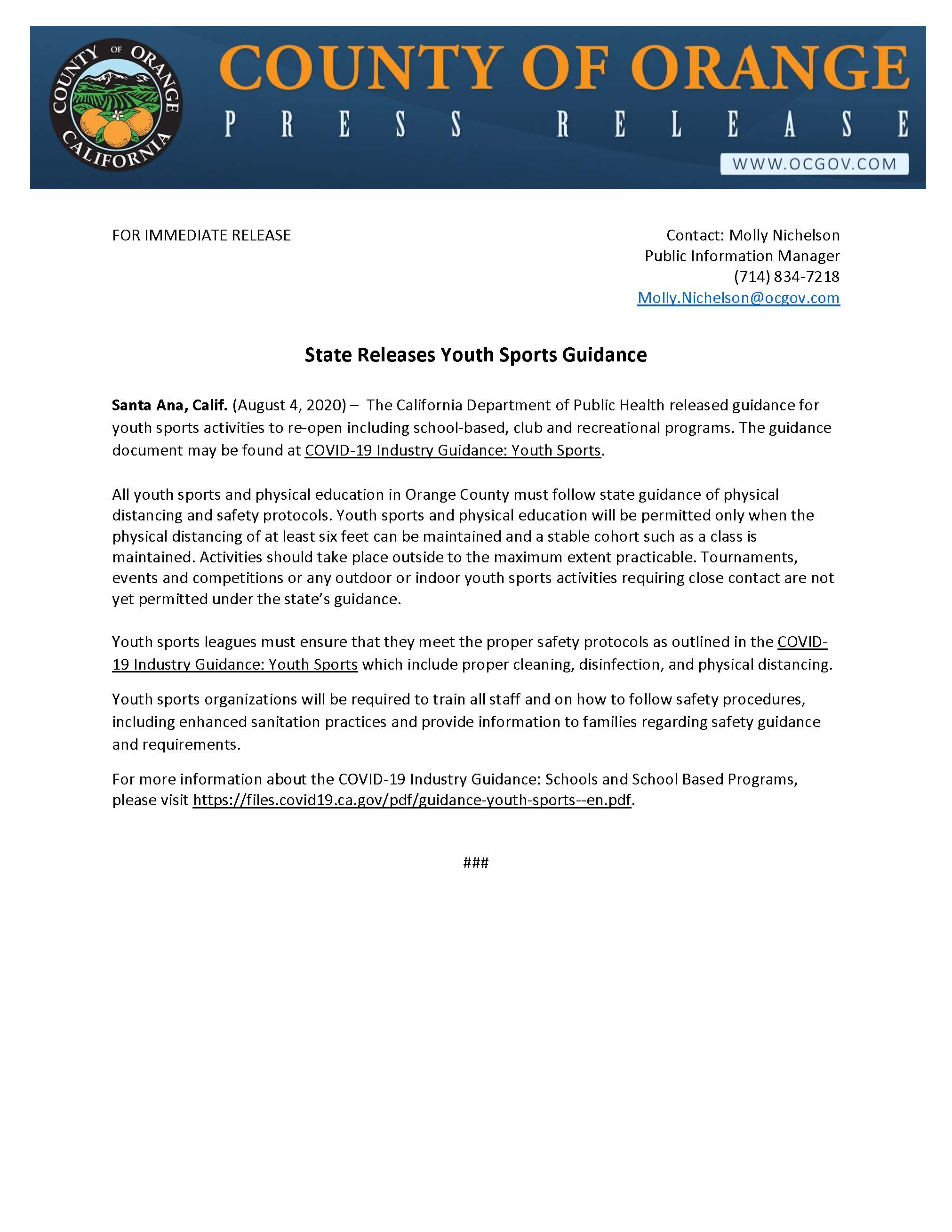 Press Release _Youth Sports 8-4-20