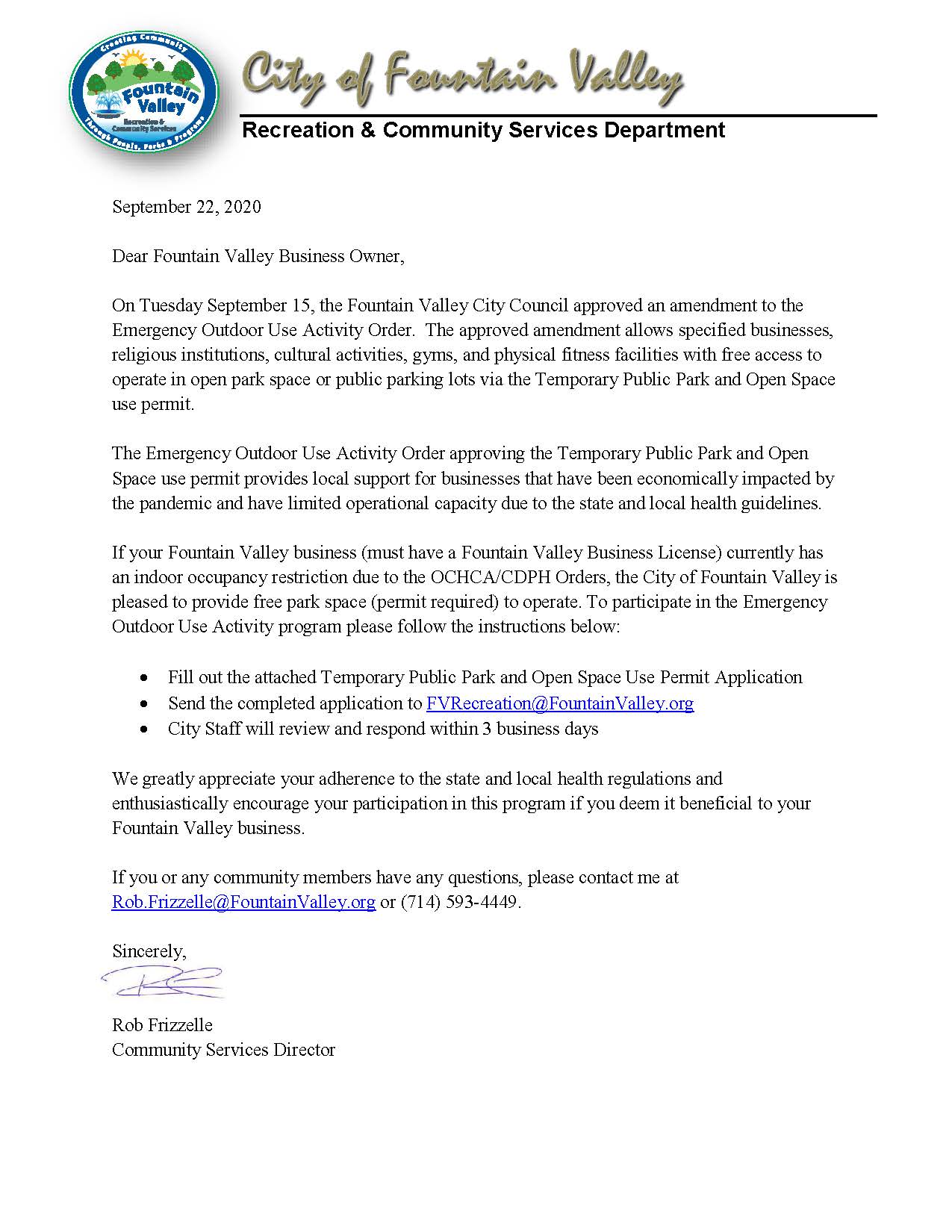 Temporary Park Permit Memo 9-22-20