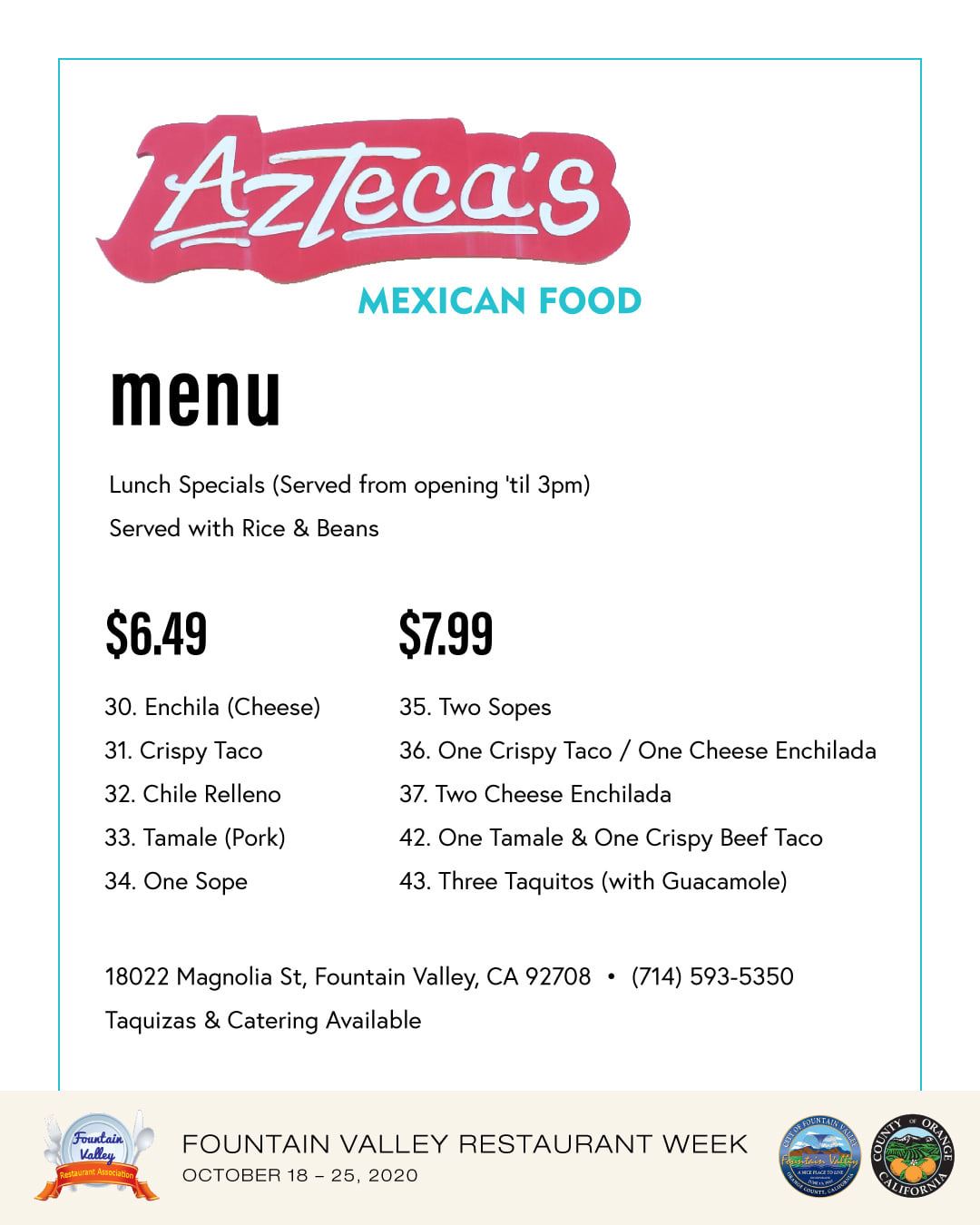 Aztecas Mexican Food Menu 10-2020