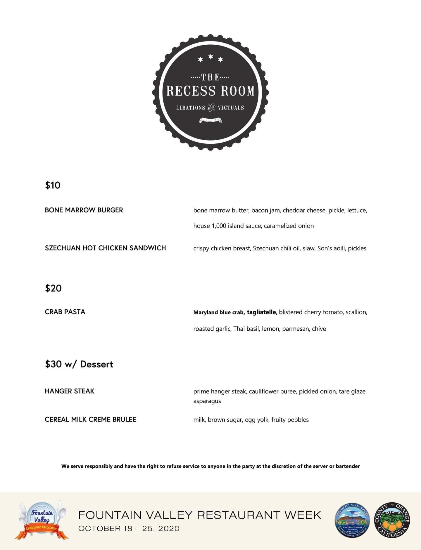The Recess Room menu