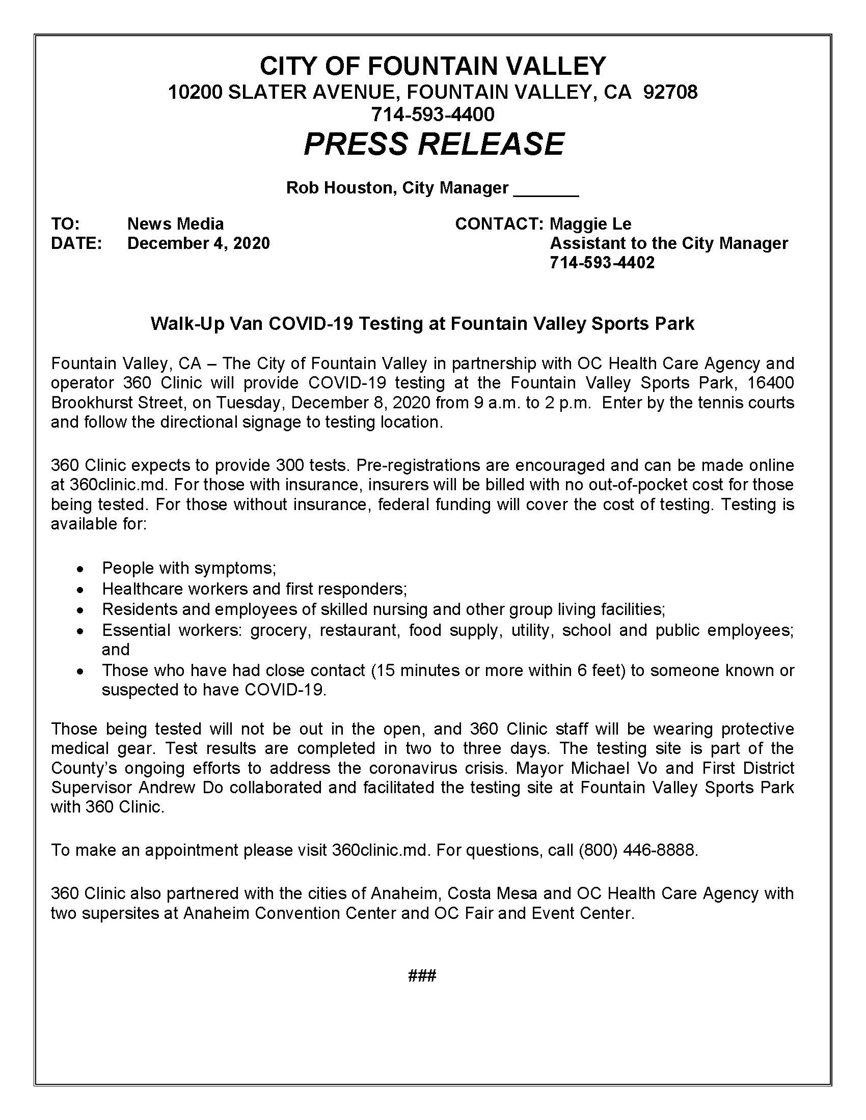 Press Release COVID 19 Testing 12-8-20