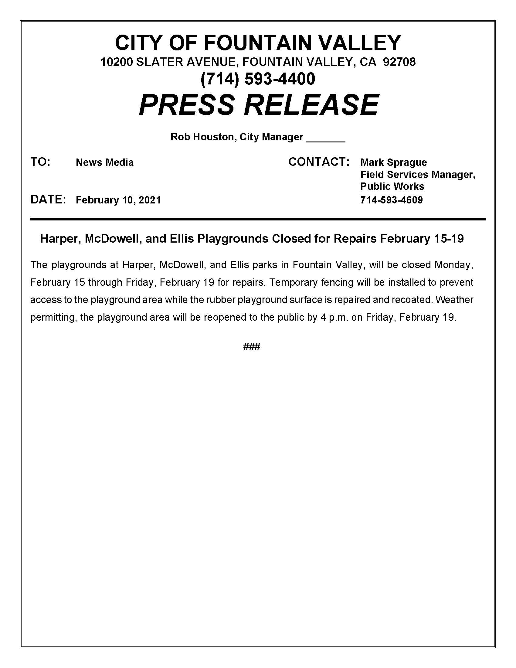 Press Release - Park 2-10-21