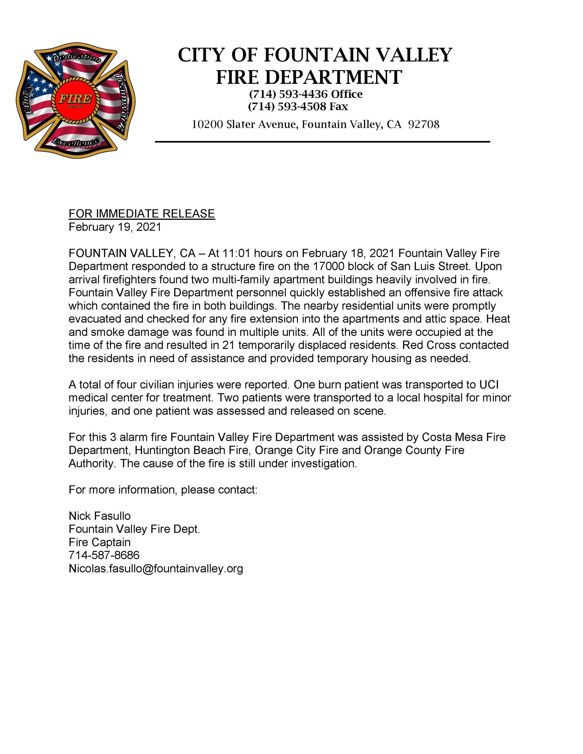 Press Release San Luis Fire 2-19-21
