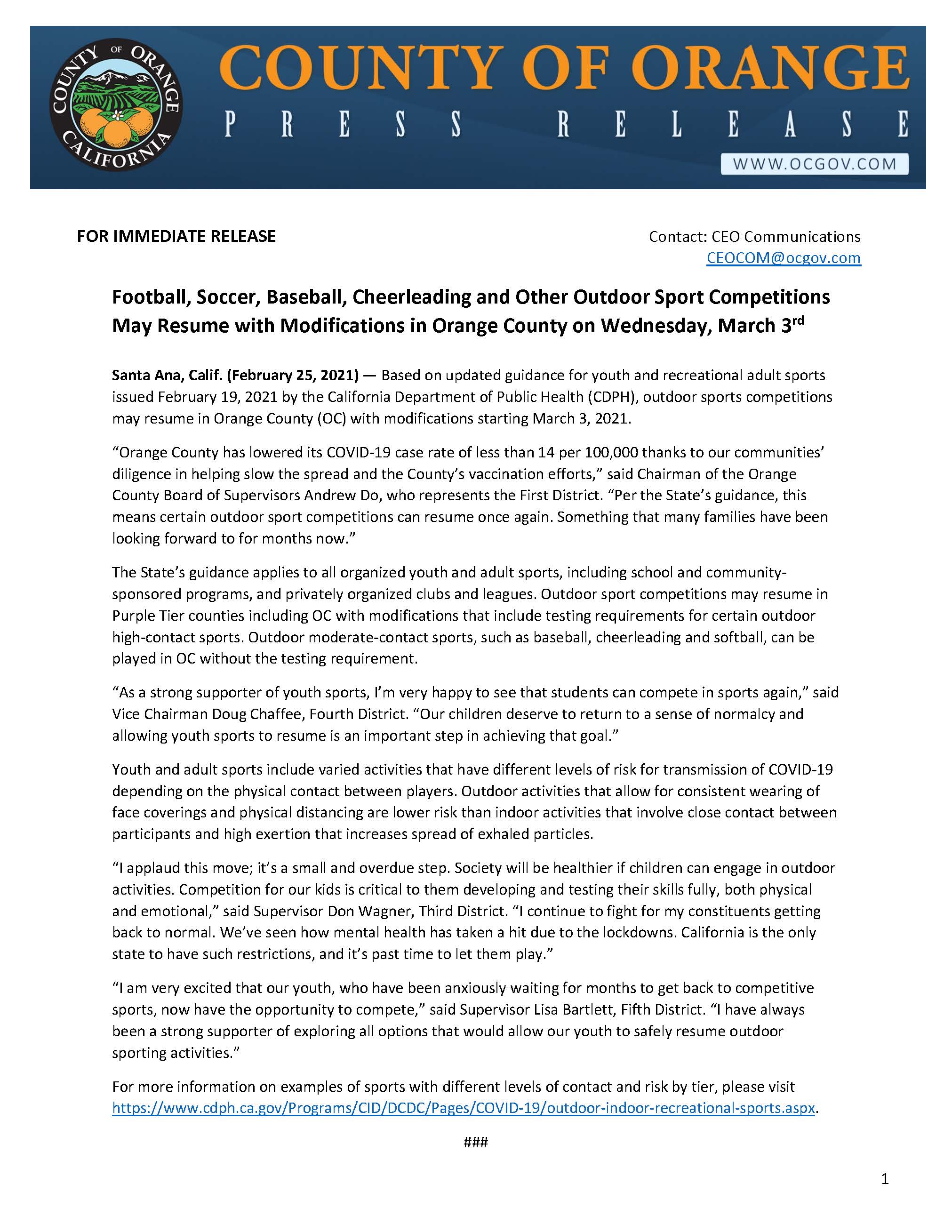 Press Release - Outdoor Sport Competitions May Resume with Modifications 2-25-21