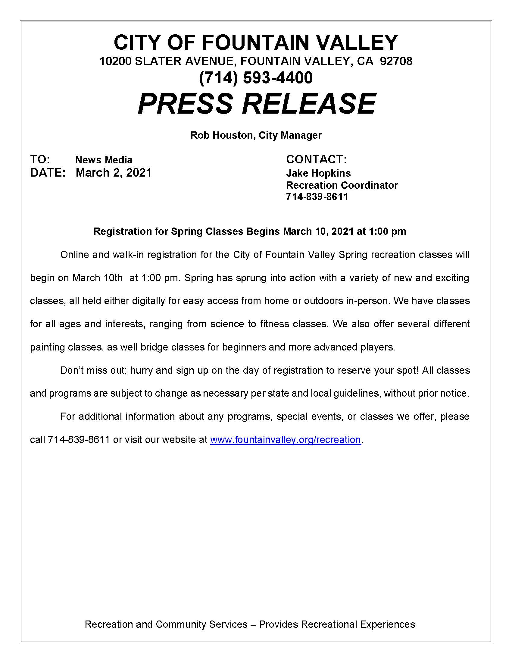 Spring 2021 Class Registration Press Release 3-2-21