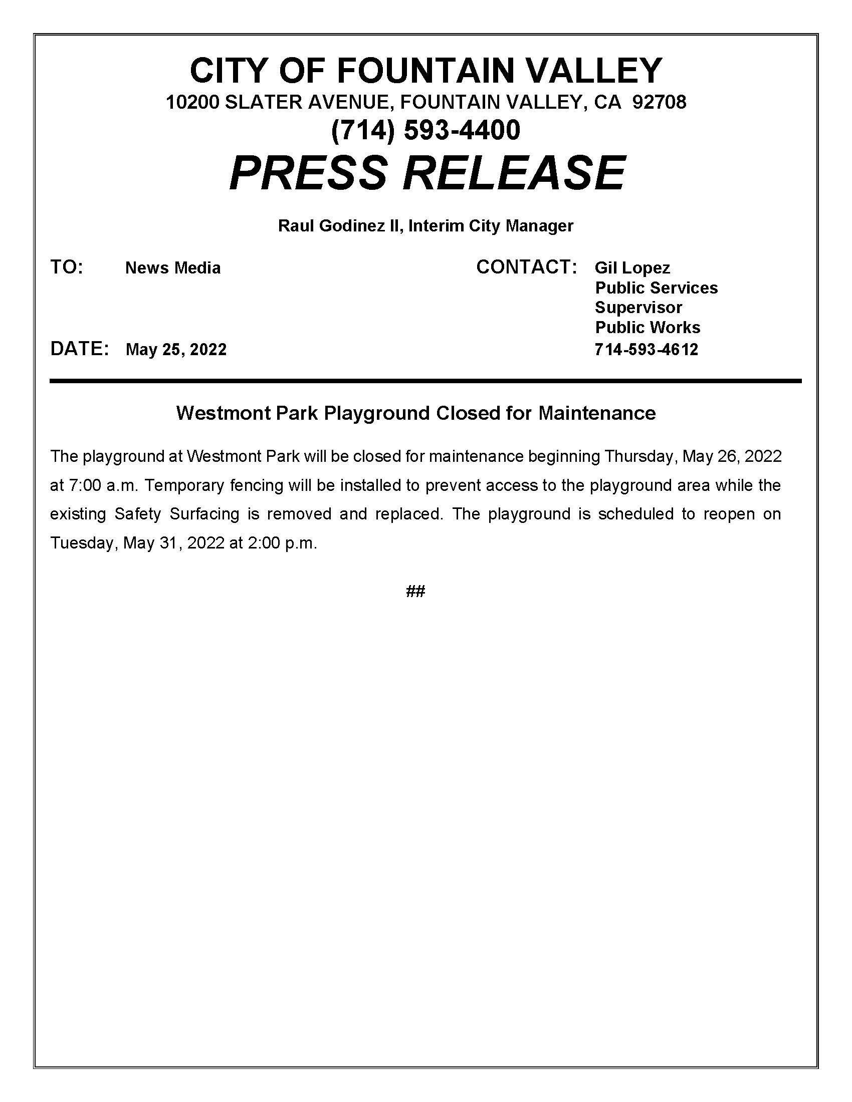 Press Release - Westmont Park 5-25-22