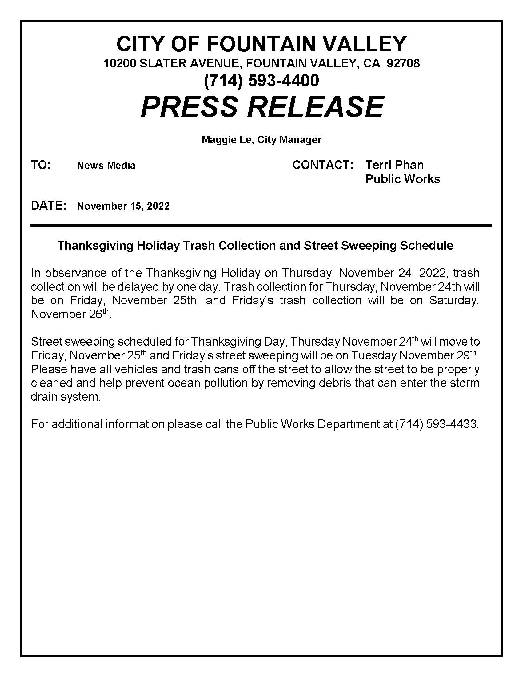 2022 11 15 Thanksgiving Holiday Trash Collection Street Sweeping Schedule