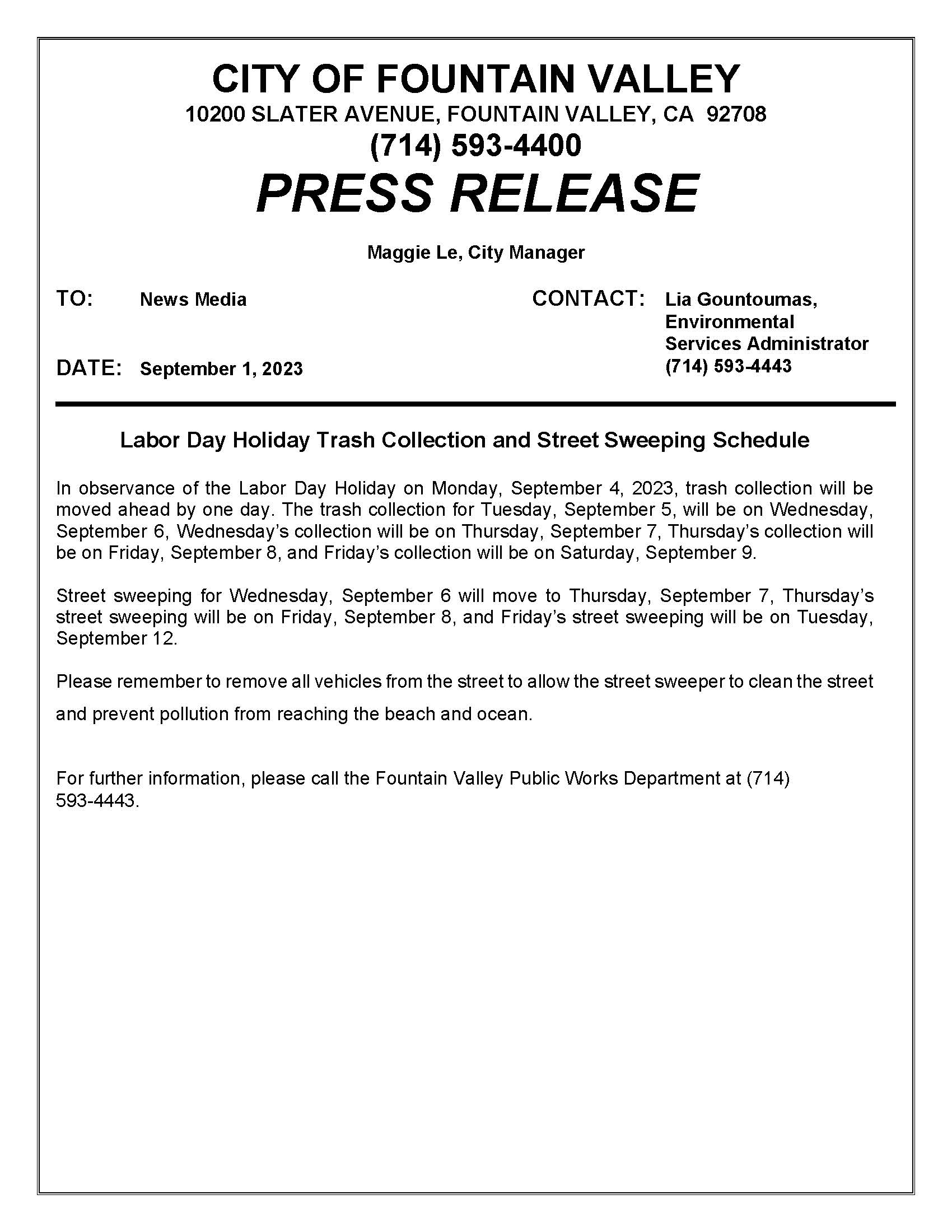 2023-Labor Day  trash collection street sweeping schedule