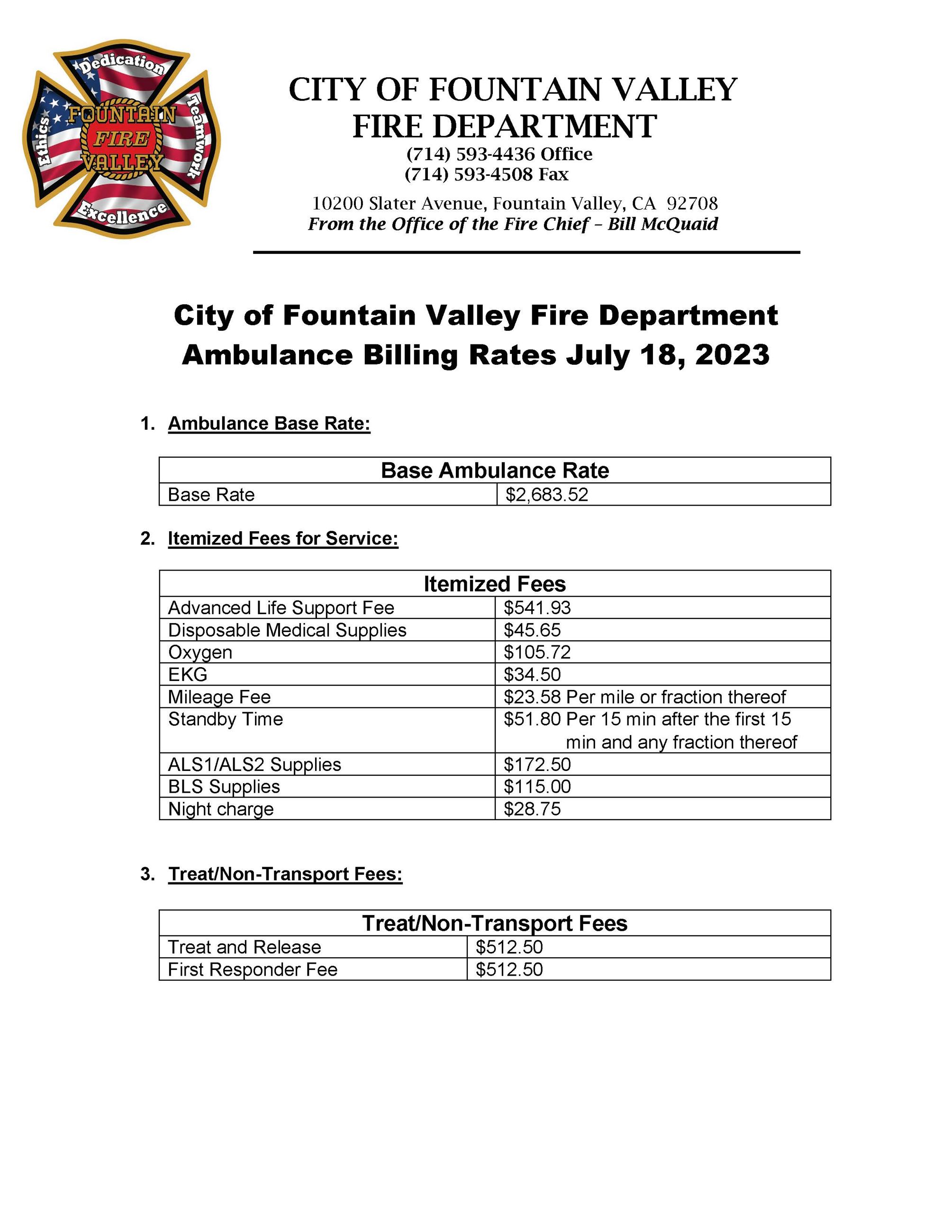 Ambulance Billing Rates July 18 2023