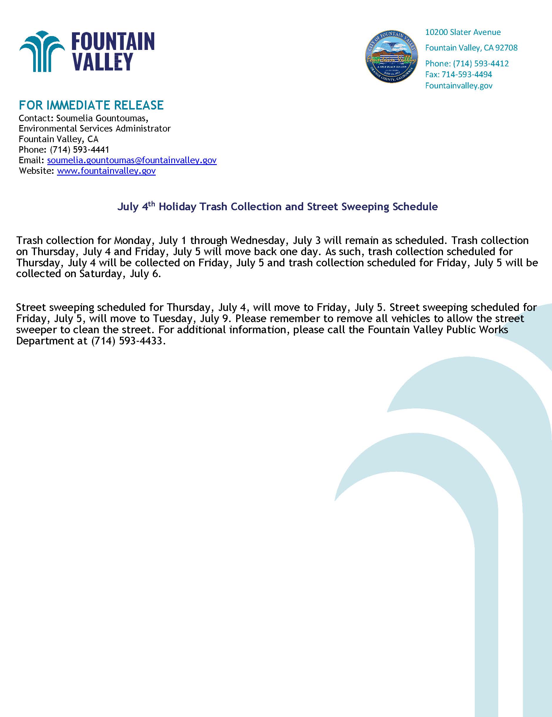 2024-06-19 - July 4th Holiday Trash Collection and Street Sweeping Schedule