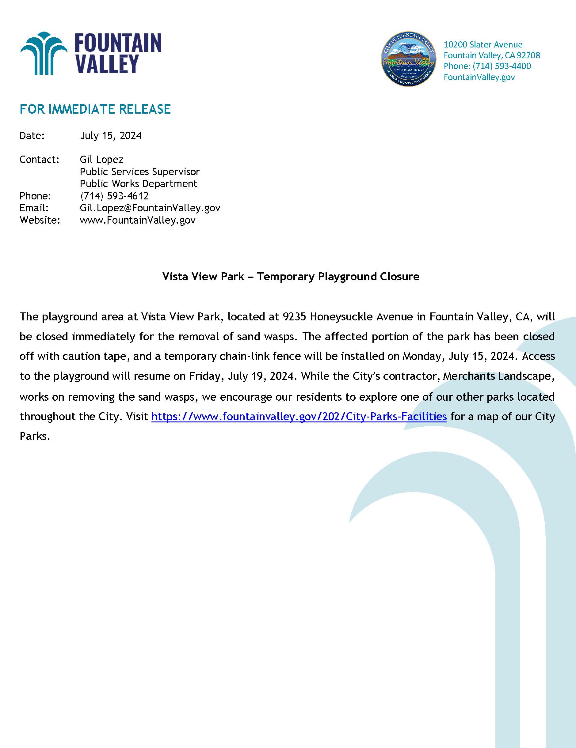 Press Release - Vista View Closure