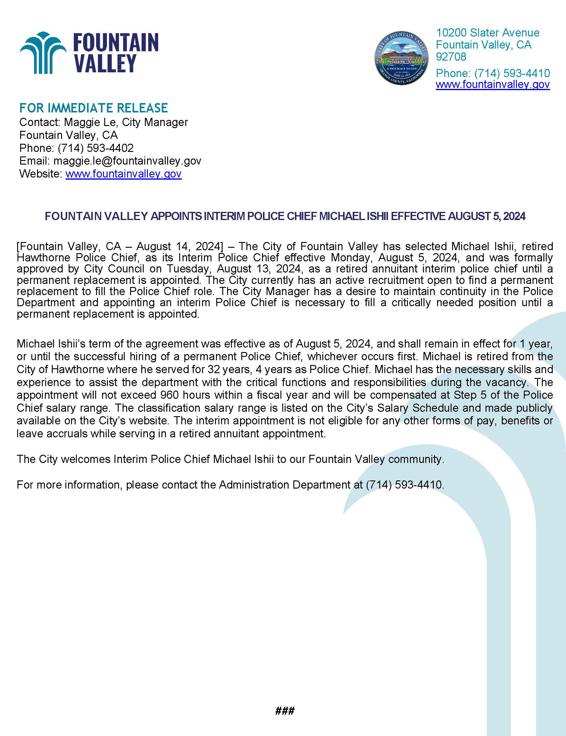 Press Release_Interim Police Chief 8-14-24