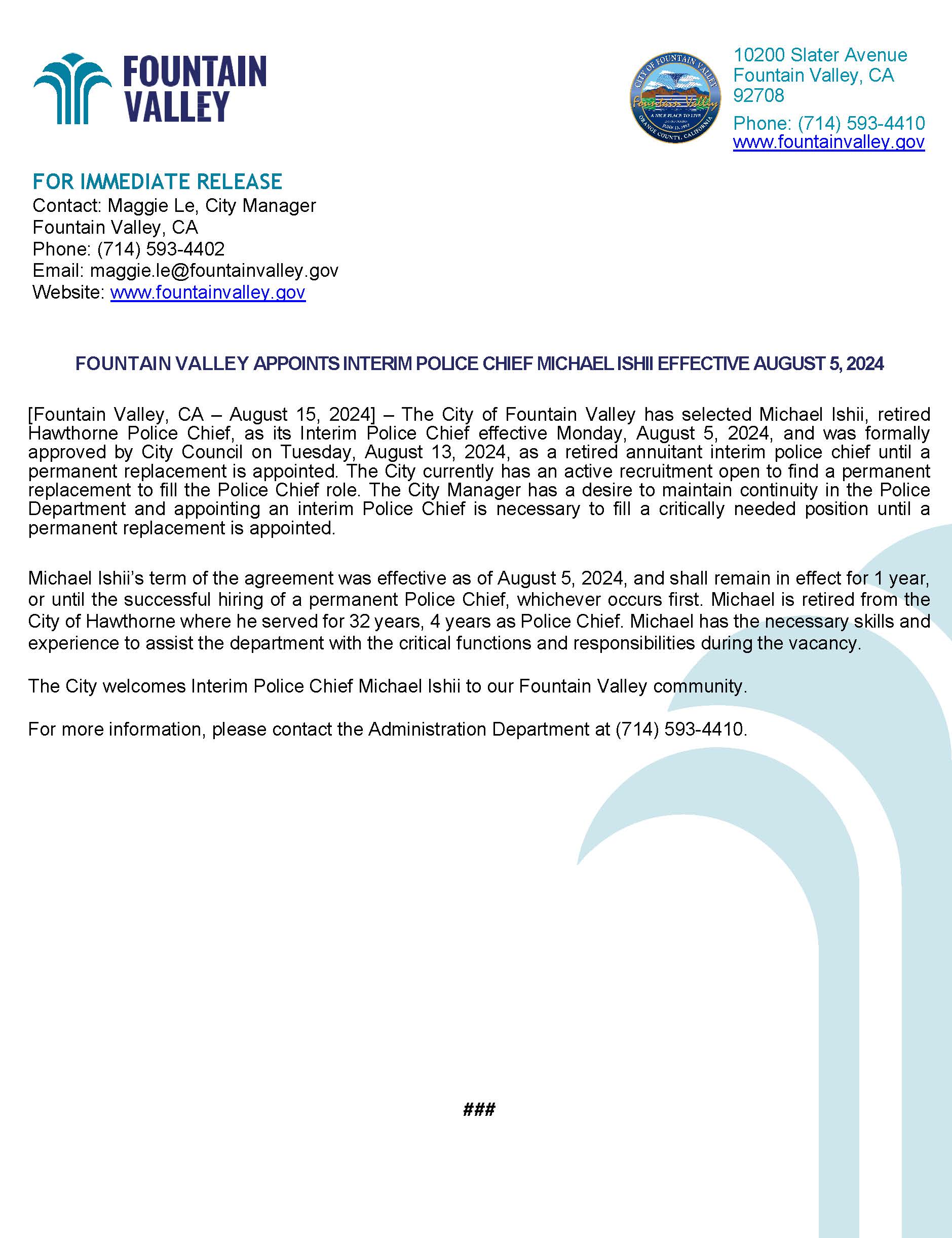 Press Release_Interim Police Chief 8-15-24