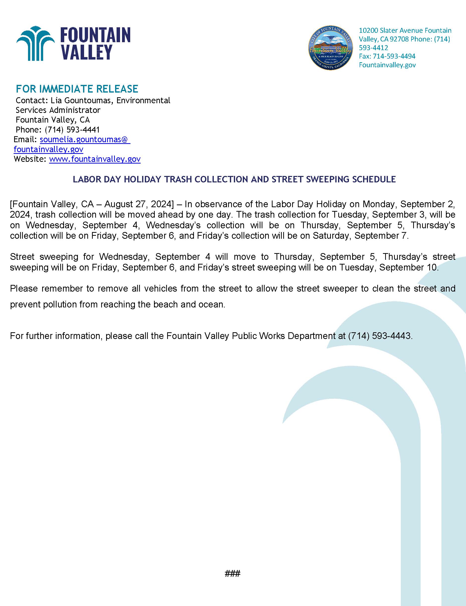 2024 Labor Day trash collection and street sweeping schedule