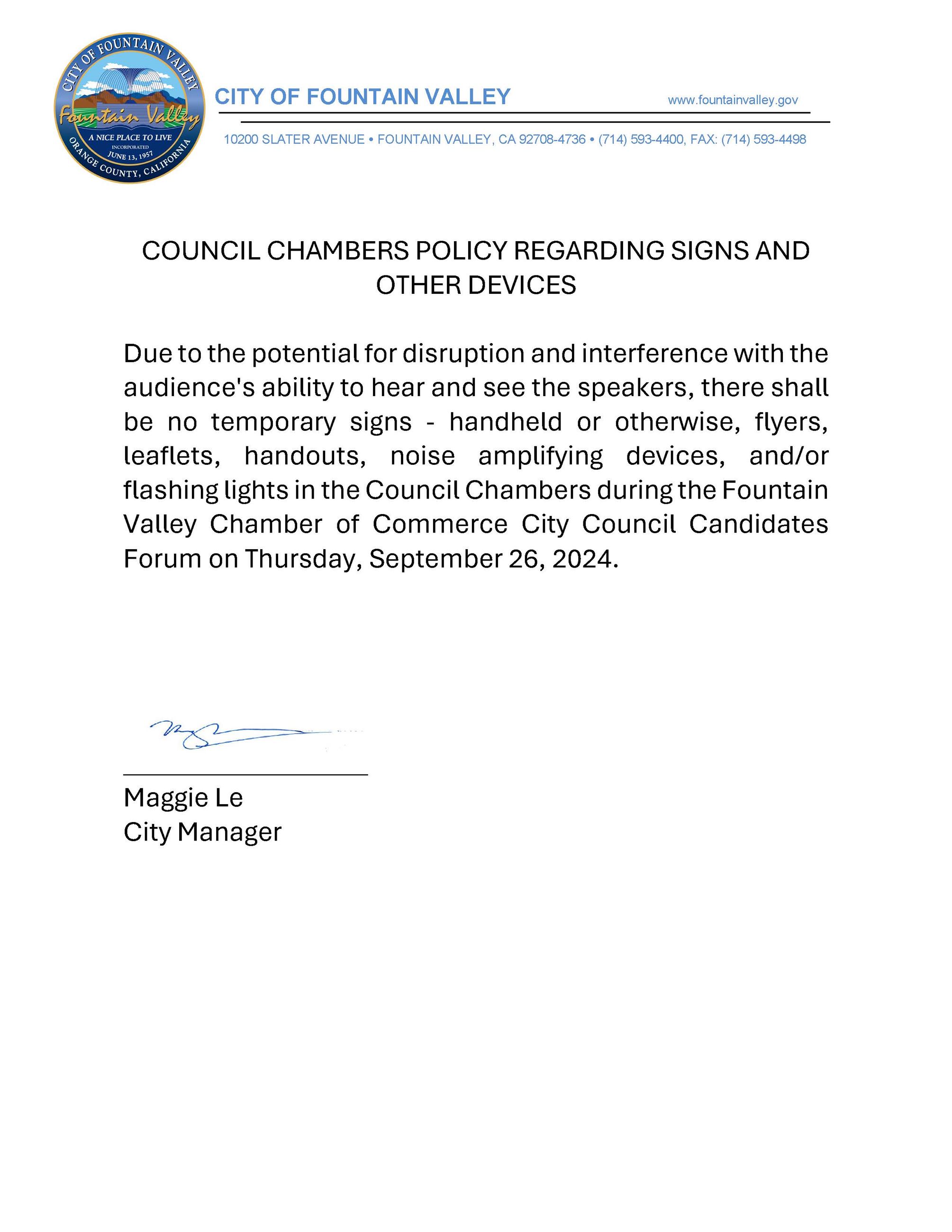 Council Chamber Sign Policy