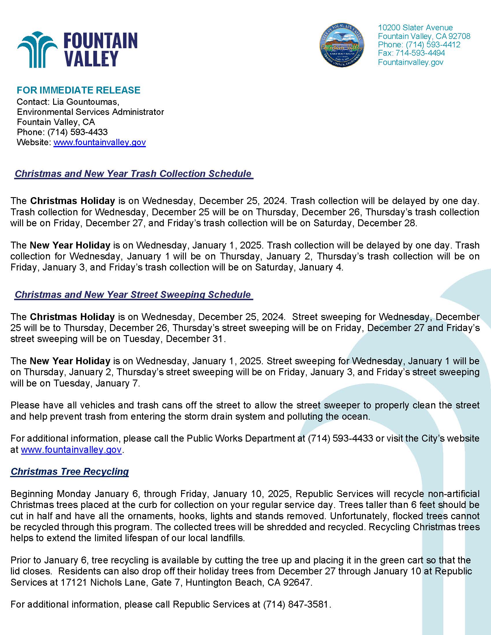2024-25 Holiday TrashStreet Sweeping Schedule