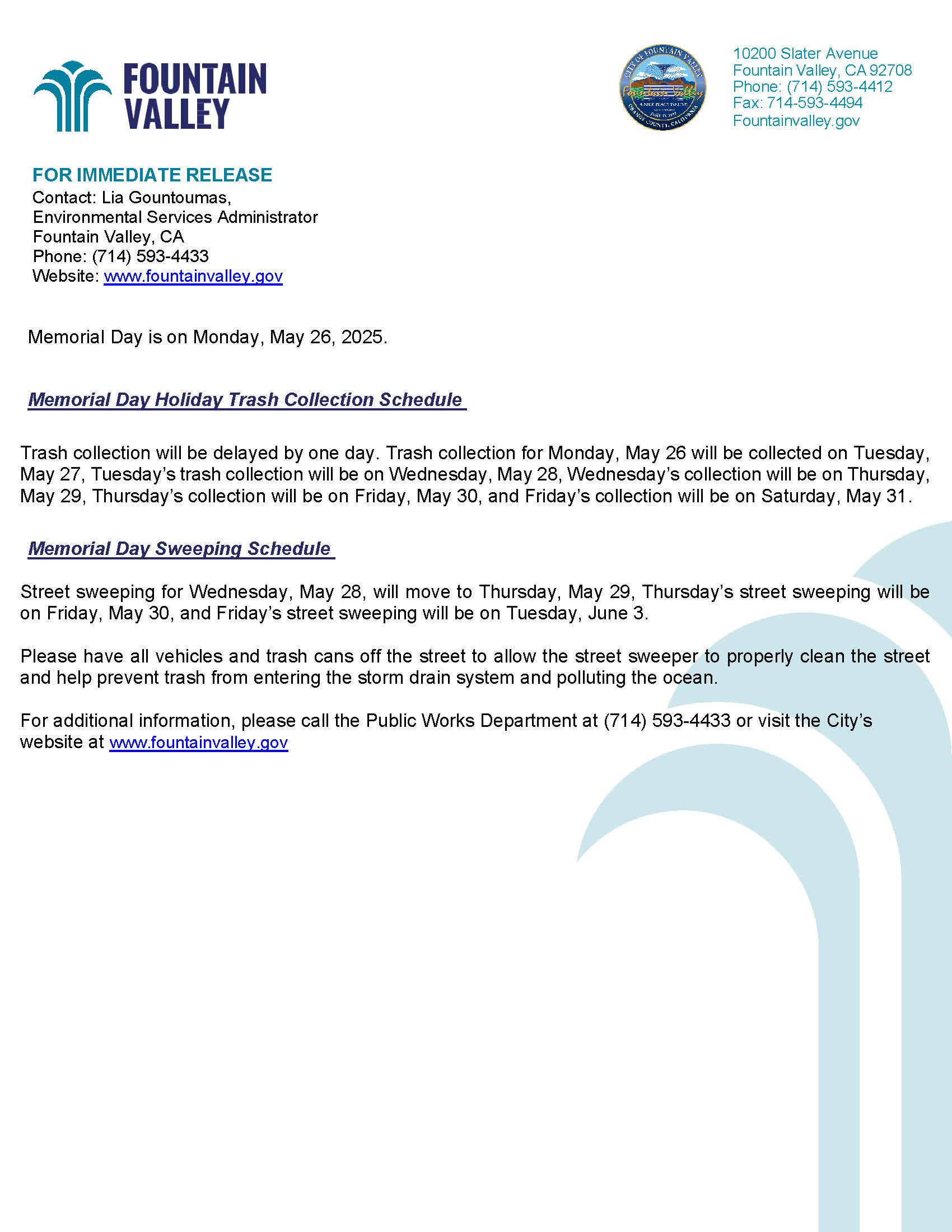 2025-05-22_Memorial Day Holiday Trash Collection and Street Sweeping Schedule