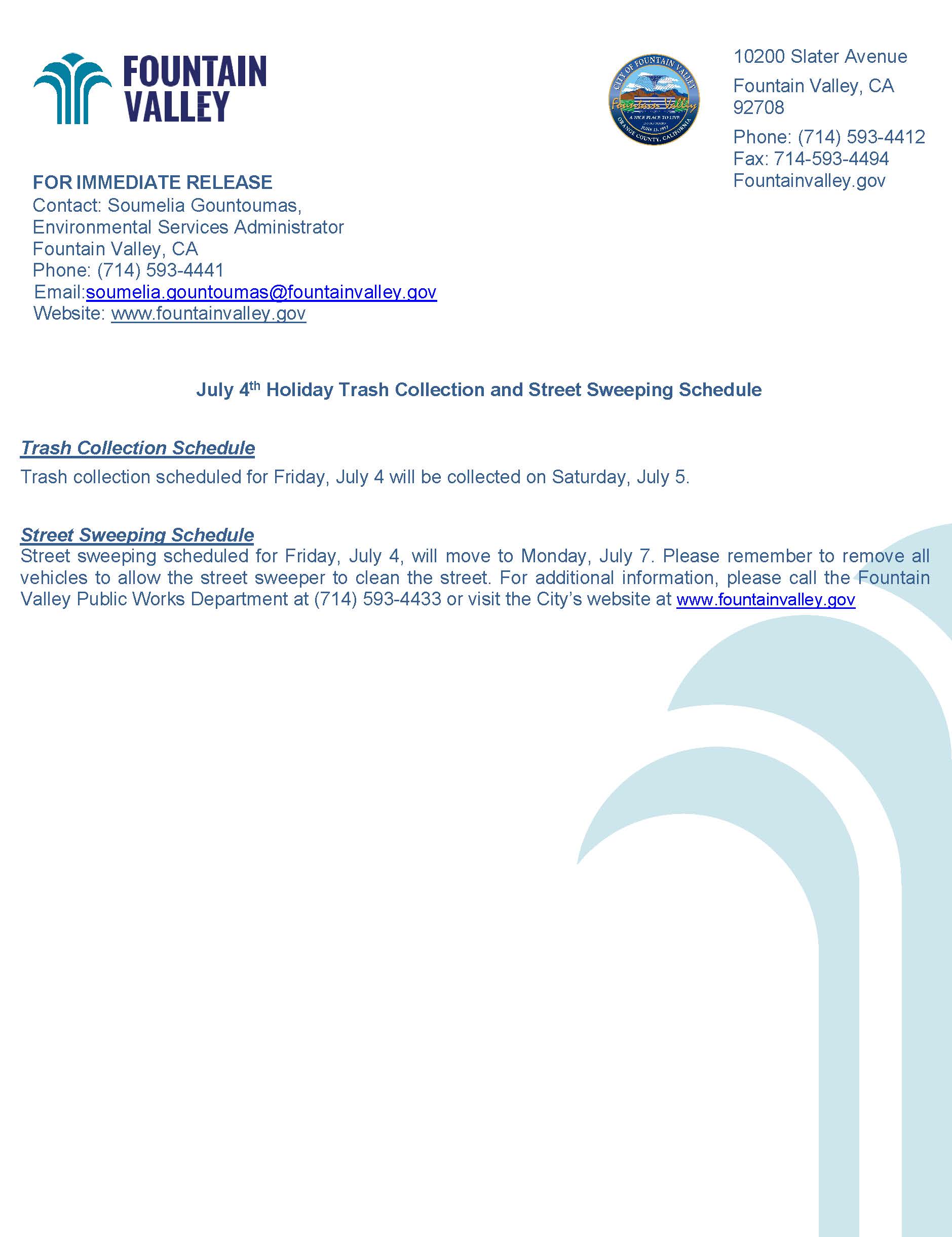 2025-July 4th Holiday Trash Collection and Street Sweeping Schedule