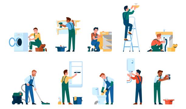 ten cartoon contractors working on various projects