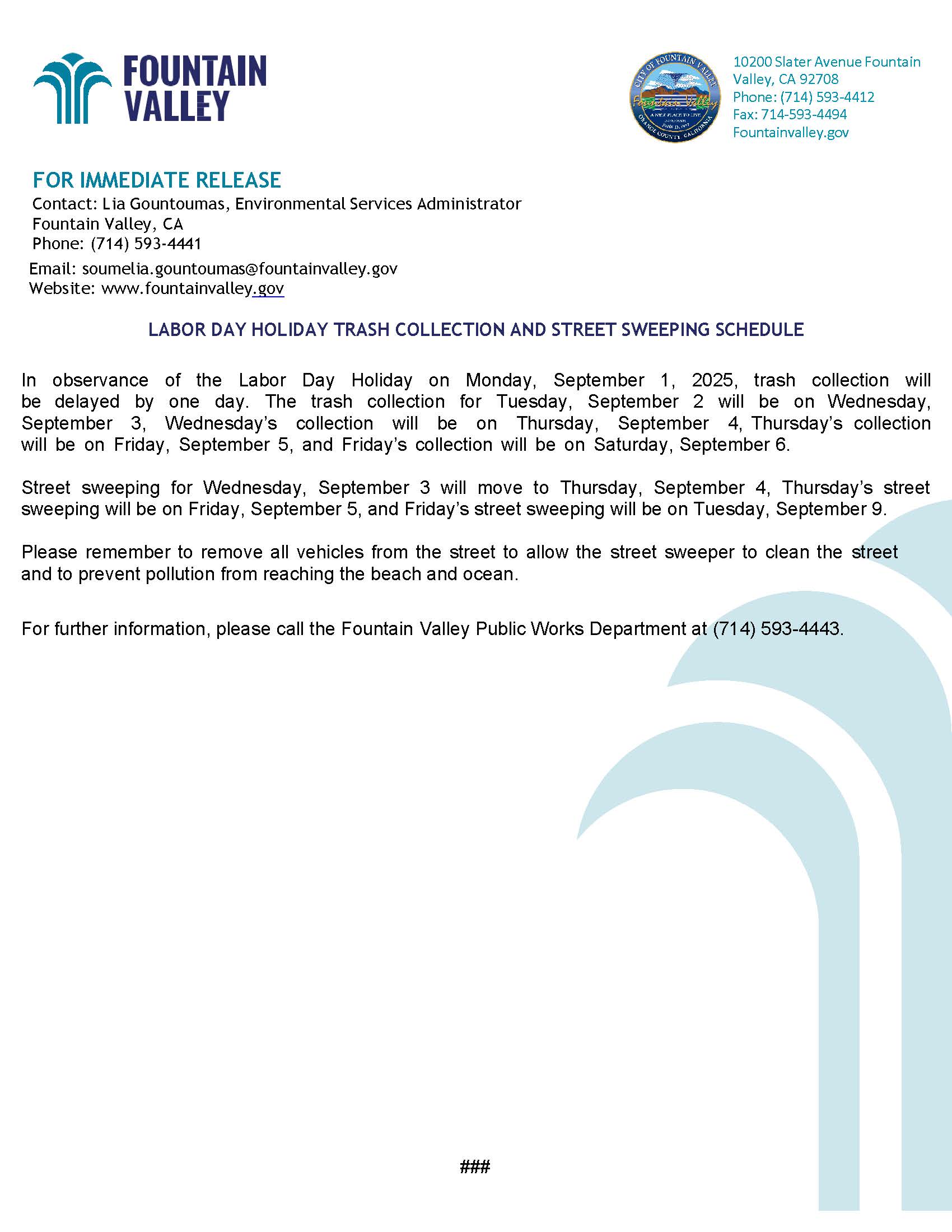 Labor Day trash collection and street sweeping schedule